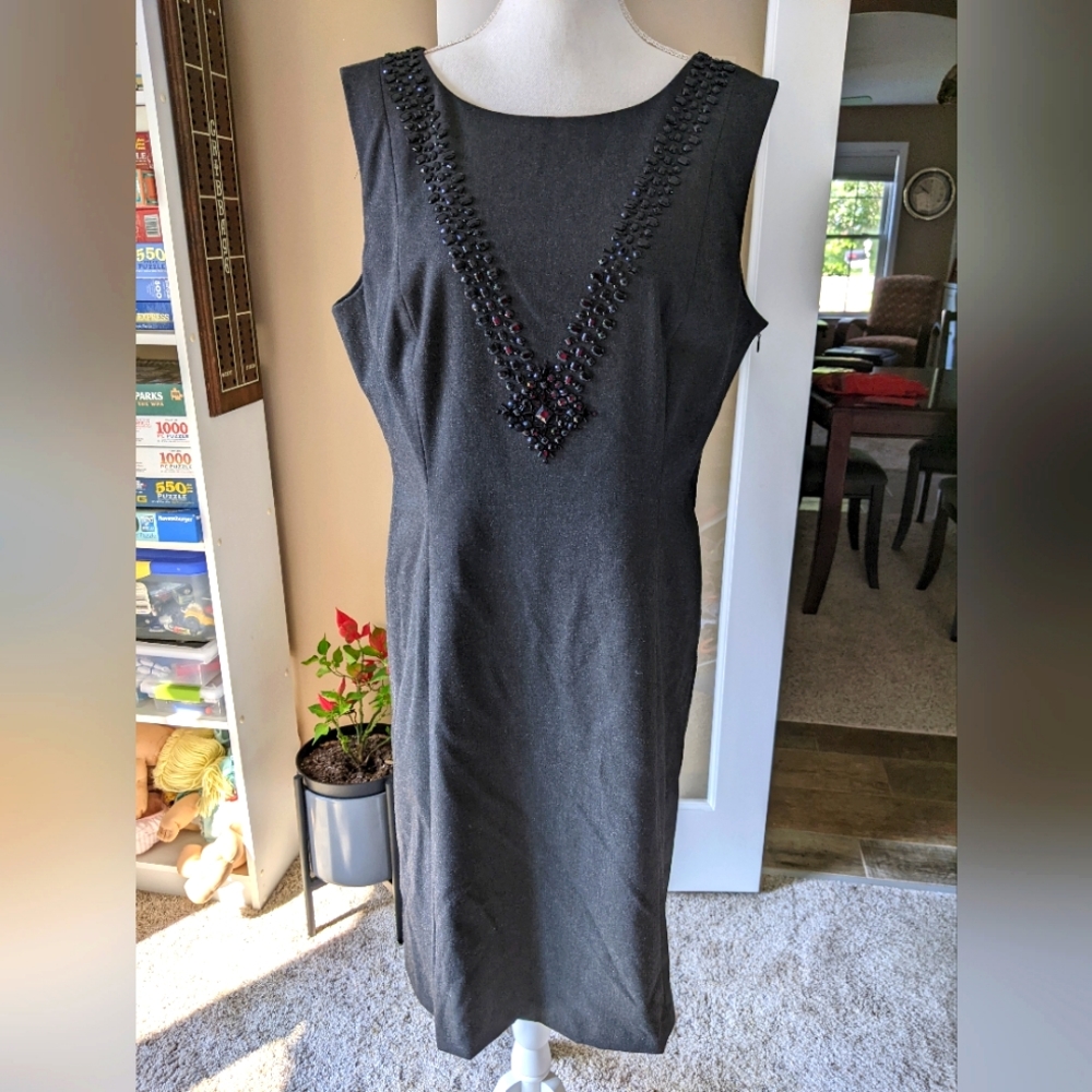 Black Sheath Dress with Beaded Trim - Size 12